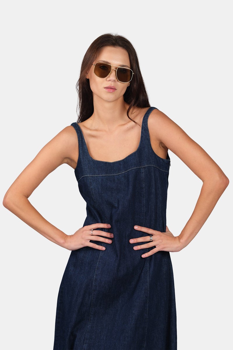 Virgio Solid Cotton Denim Midi Dress With Bubble Hem for Women - Image 2