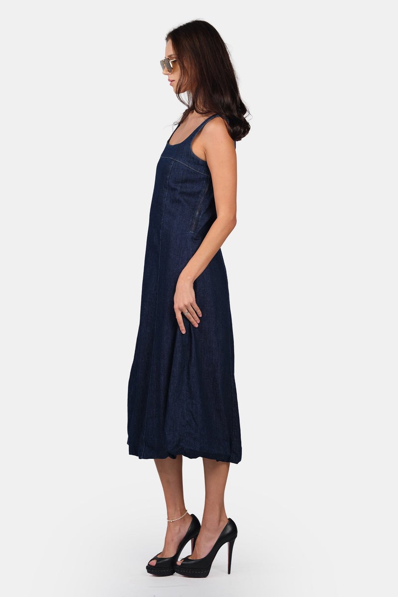 Virgio Solid Cotton Denim Midi Dress With Bubble Hem for Women - Image 3