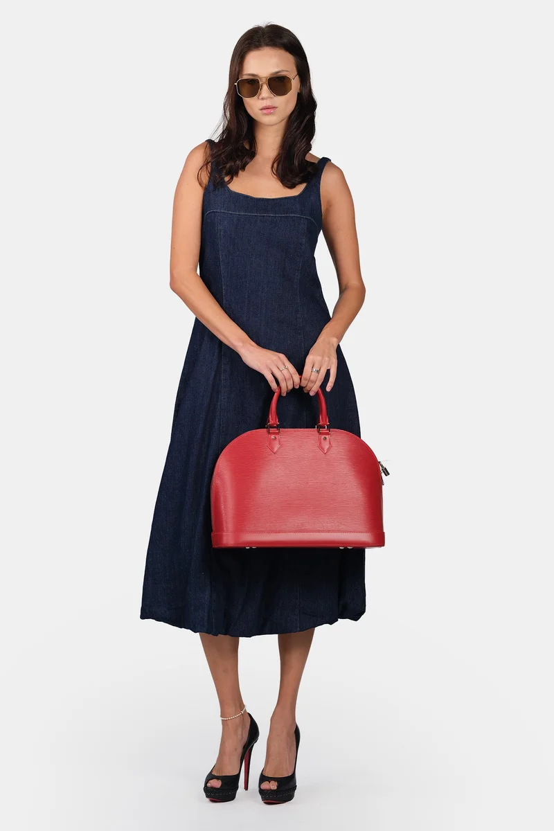 فيرجيو Solid Cotton Denim Midi Dress With Bubble Hem for Women