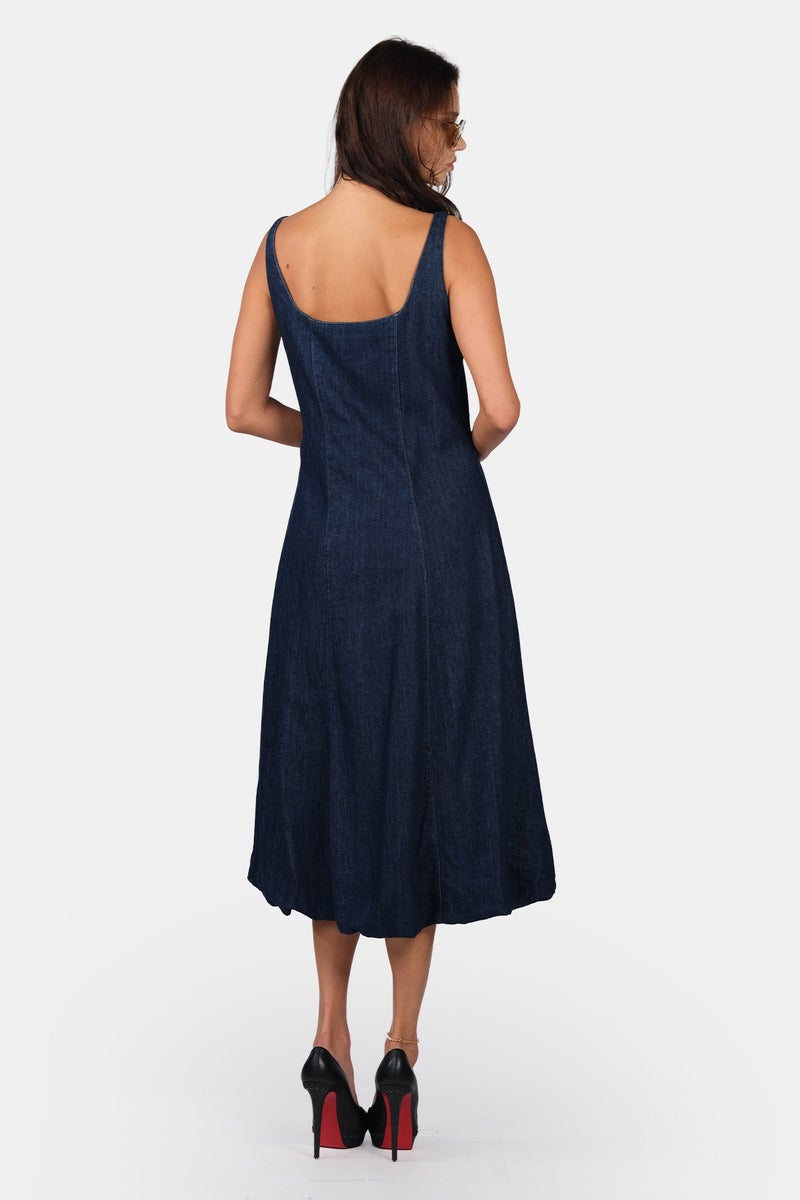 Virgio Solid Cotton Denim Midi Dress With Bubble Hem for Women - Image 4