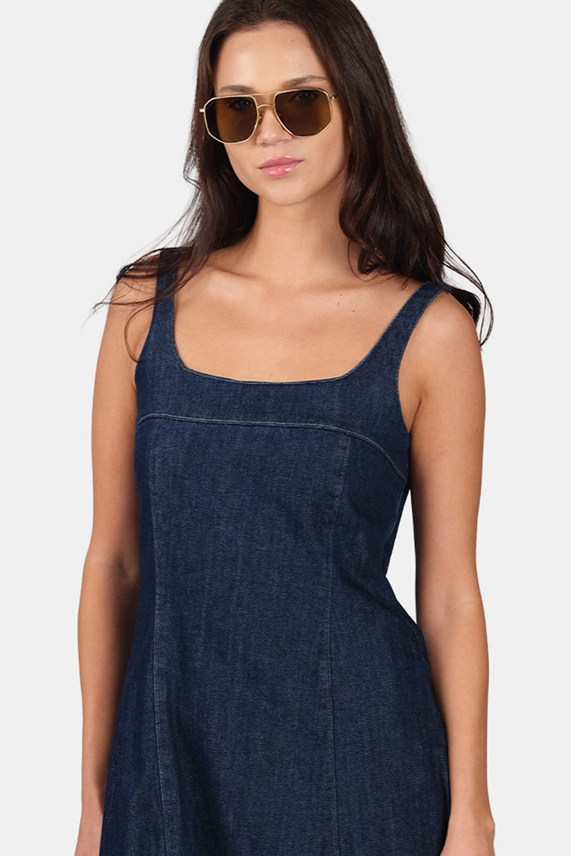 Virgio Solid Cotton Denim Midi Dress With Bubble Hem for Women - Image 5