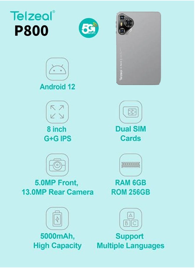 تابلت Telzeal P800 بشاشة 8 بوصات يعمل بنظام Android 12 مع شريحة اتصال مزدوجة وذاكرة وصول عشوائي 6 جيجابايت وذاكرة قراءة فقط 256 جيجابايت وبطارية 5000 مللي أمبير وبطارية 5000 مللي أمبير في الساعة ولوحة مفاتيح لاسلكية باللون الرمادي من Telzeal