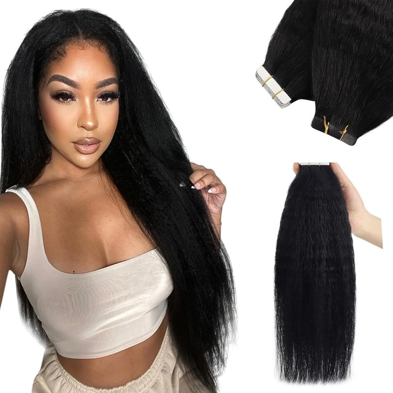 YoungSee Kinky Straight Tape in Extensions Human Hair Yaki Straight Tape in Human Hair Extensions 22 Inch Jet Black Tape Hair Extensions Real Human Hair Seamless for Black Women 20pcs 50g