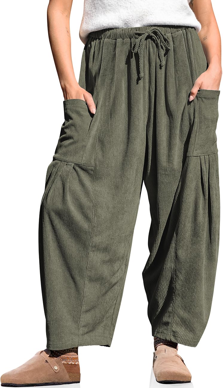 TARSE Womens Corduroy Pants Wide Leg Drawstring Low Waist Palazzo Harem Pants 2025 Trendy Fashion Cargo Pants with Pockets, ArmyGreen, M - Image 1
