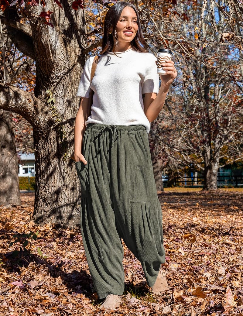 TARSE Womens Corduroy Pants Wide Leg Drawstring Low Waist Palazzo Harem Pants 2025 Trendy Fashion Cargo Pants with Pockets, ArmyGreen, M - Image 2