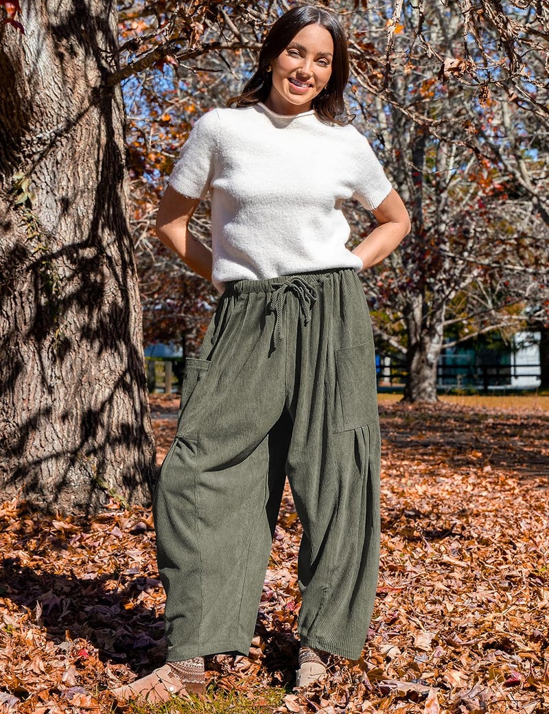 TARSE Womens Corduroy Pants Wide Leg Drawstring Low Waist Palazzo Harem Pants 2025 Trendy Fashion Cargo Pants with Pockets, ArmyGreen, M - Image 5