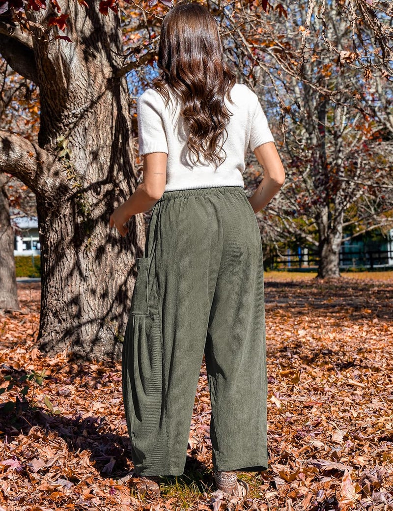 TARSE Womens Corduroy Pants Wide Leg Drawstring Low Waist Palazzo Harem Pants 2025 Trendy Fashion Cargo Pants with Pockets, ArmyGreen, M - Image 4