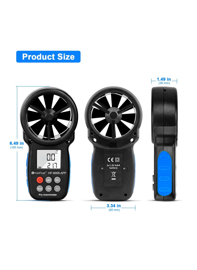 HoldPeak - HOLDPEAK HP-866B-APP Digital Anemometer Handheld Vane Wind Speed Meter, APP Connect for Measuring Wind Speed, Temperature, Wind Chill with Backlight - Image 1