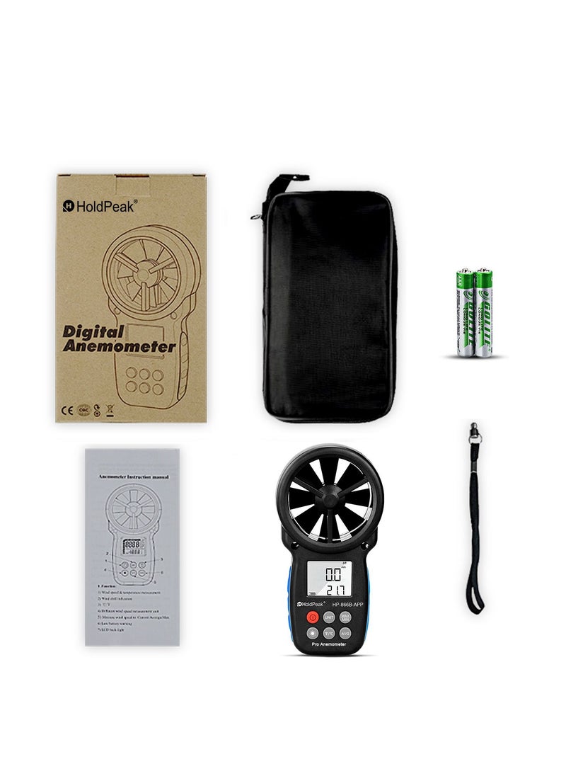 HoldPeak - HOLDPEAK HP-866B-APP Digital Anemometer Handheld Vane Wind Speed Meter, APP Connect for Measuring Wind Speed, Temperature, Wind Chill with Backlight - Image 1