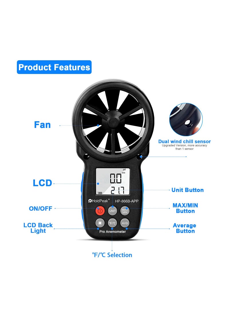 HoldPeak - HOLDPEAK HP-866B-APP Digital Anemometer Handheld Vane Wind Speed Meter, APP Connect for Measuring Wind Speed, Temperature, Wind Chill with Backlight - Image 1