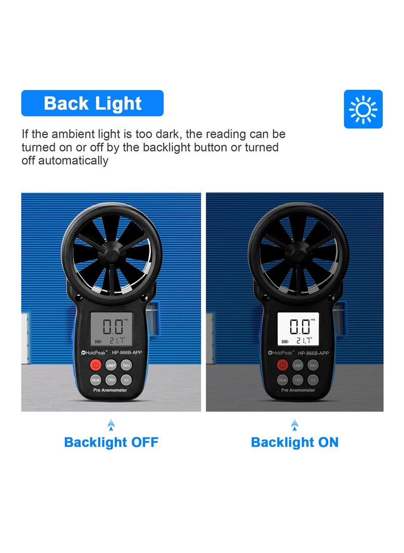 HoldPeak - HOLDPEAK HP-866B-APP Digital Anemometer Handheld Vane Wind Speed Meter, APP Connect for Measuring Wind Speed, Temperature, Wind Chill with Backlight - Image 1
