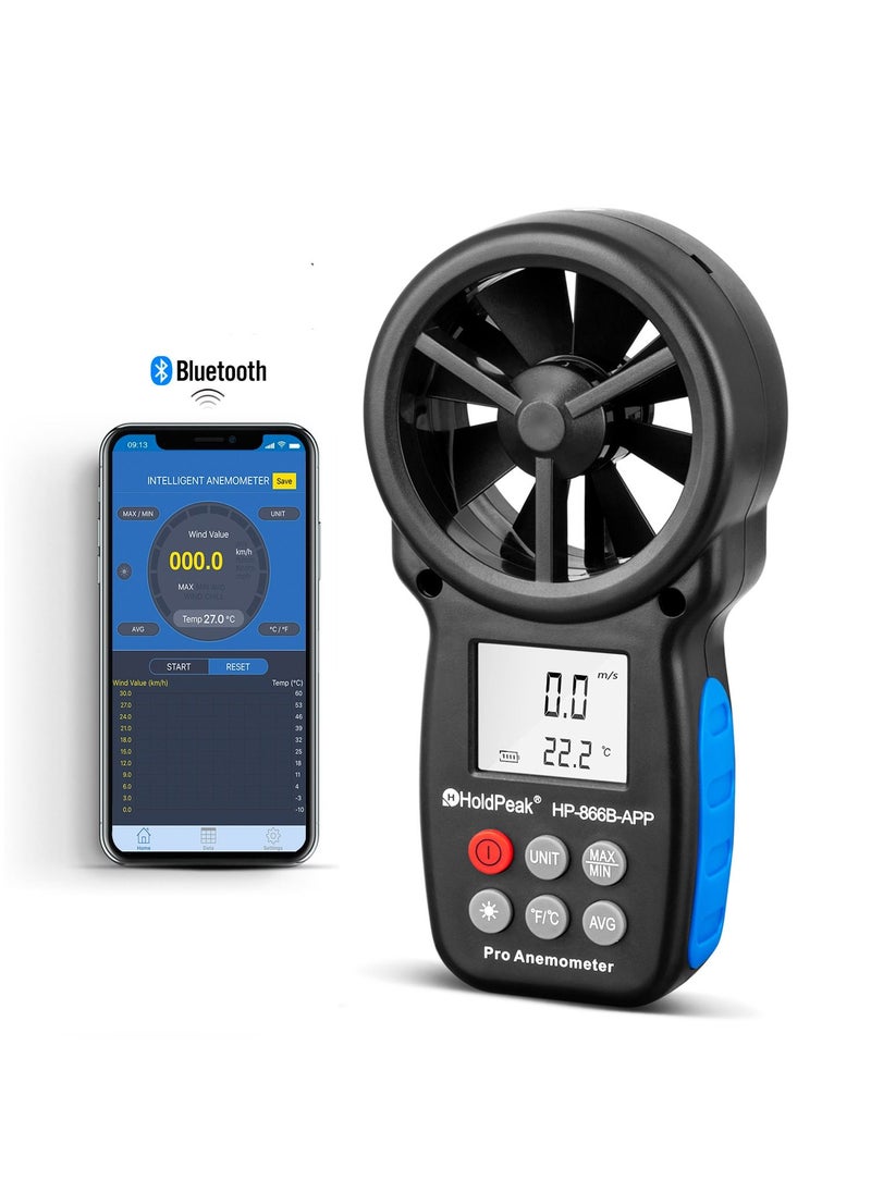 HoldPeak - HOLDPEAK HP-866B-APP Digital Anemometer Handheld Vane Wind Speed Meter, APP Connect for Measuring Wind Speed, Temperature, Wind Chill with Backlight - Image 1