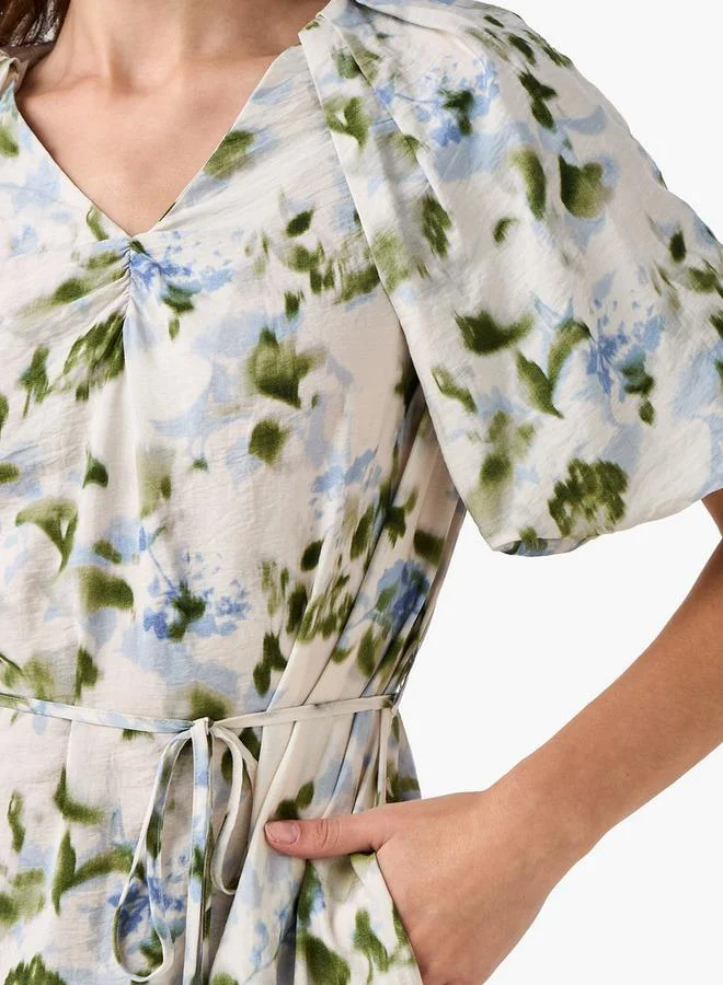 Splash FAV BEIGE Midi Floral Print Women Dress with Balloon Sleeves for Women | Best Price UAE
