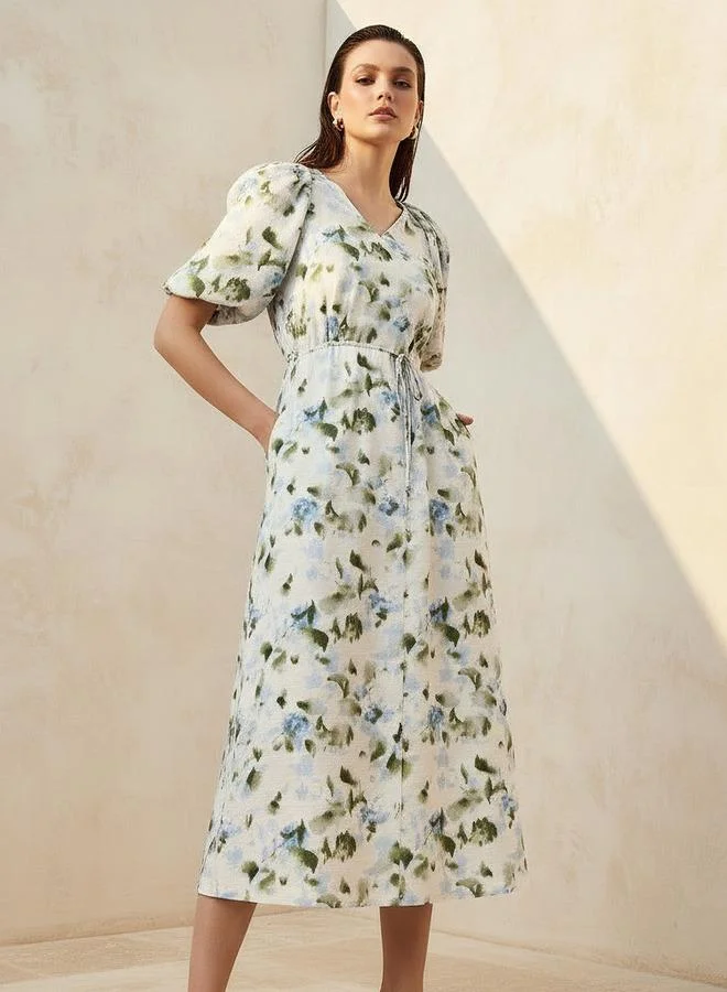 Midi Floral Print Women Dress with Balloon Sleeves