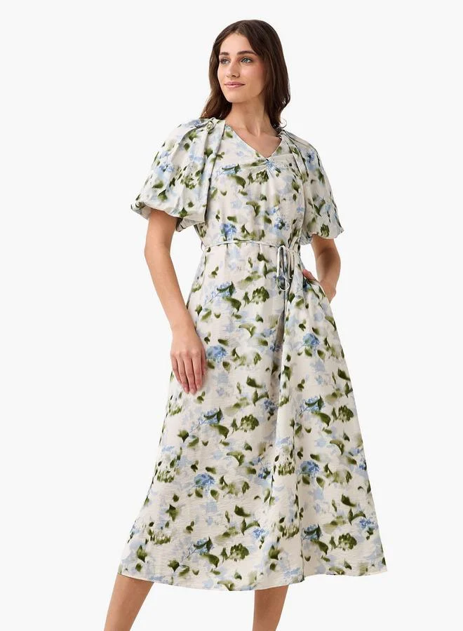 Splash FAV BEIGE Midi Floral Print Women Dress with Balloon Sleeves for Women | Best Price UAE
