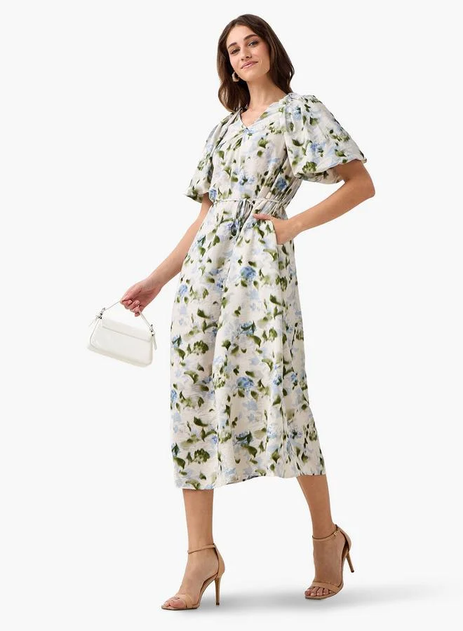 Splash FAV BEIGE Midi Floral Print Women Dress with Balloon Sleeves for Women | Best Price UAE