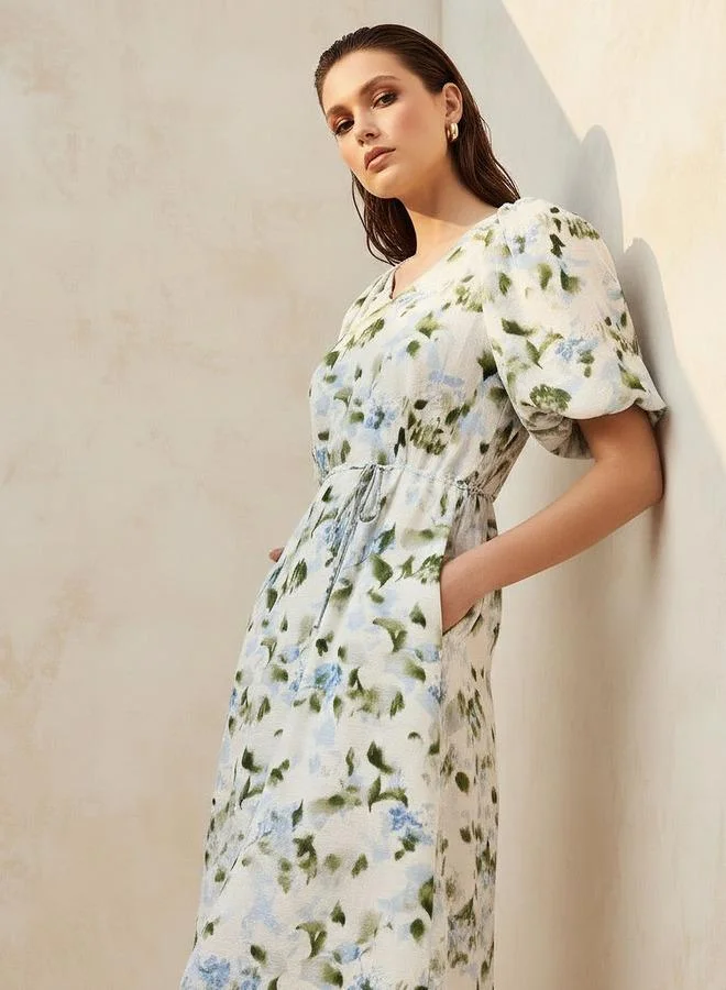 Splash FAV BEIGE Midi Floral Print Women Dress with Balloon Sleeves for Women | Best Price UAE