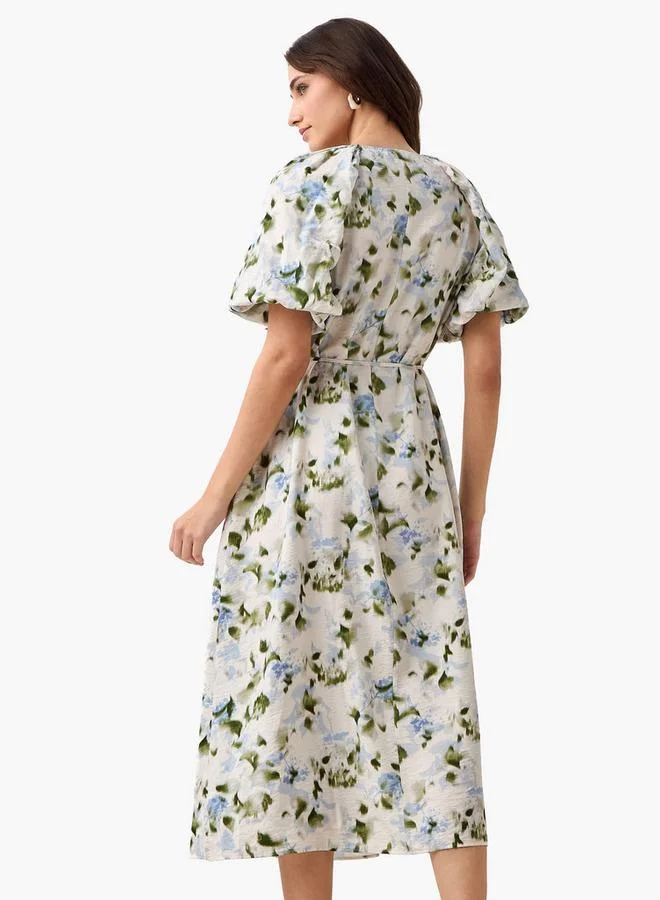 Splash FAV BEIGE Midi Floral Print Women Dress with Balloon Sleeves for Women | Best Price UAE