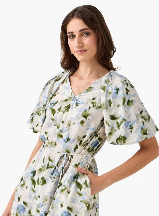 Splash FAV BEIGE Midi Floral Print Women Dress with Balloon Sleeves for Women | Best Price UAE