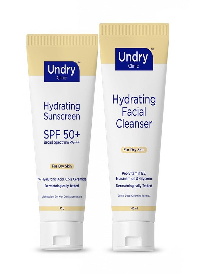 Undry Hydrating Skincare Combo for Dry Skin | SPF 50+ Sunscreen with Hyaluronic Acid & Ceramide (50g) + Hydrating Facial Cleanser with Pro-Vitamin B5, Niacinamide & Glycerin (100ml) - Image 1