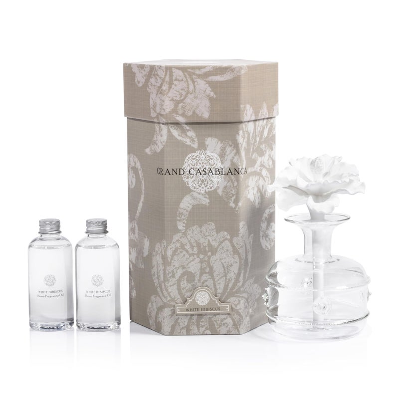 Zodax Grand Casablanca Porcelain Oil Diffuser  Home Fragrance Oil Diffuser Ideal for Living Room Bathroom Office  Flower Design  Gift Box Packaging Included  White Hibiscus  676 Oz
