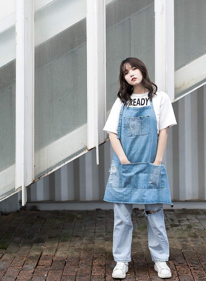 Tobyan Cotton Denim Apron Soft - Unisex Adjustable Bib Apron with 5-Pockets Perfect for Kitchens, Light Blue, XXL - Image 3