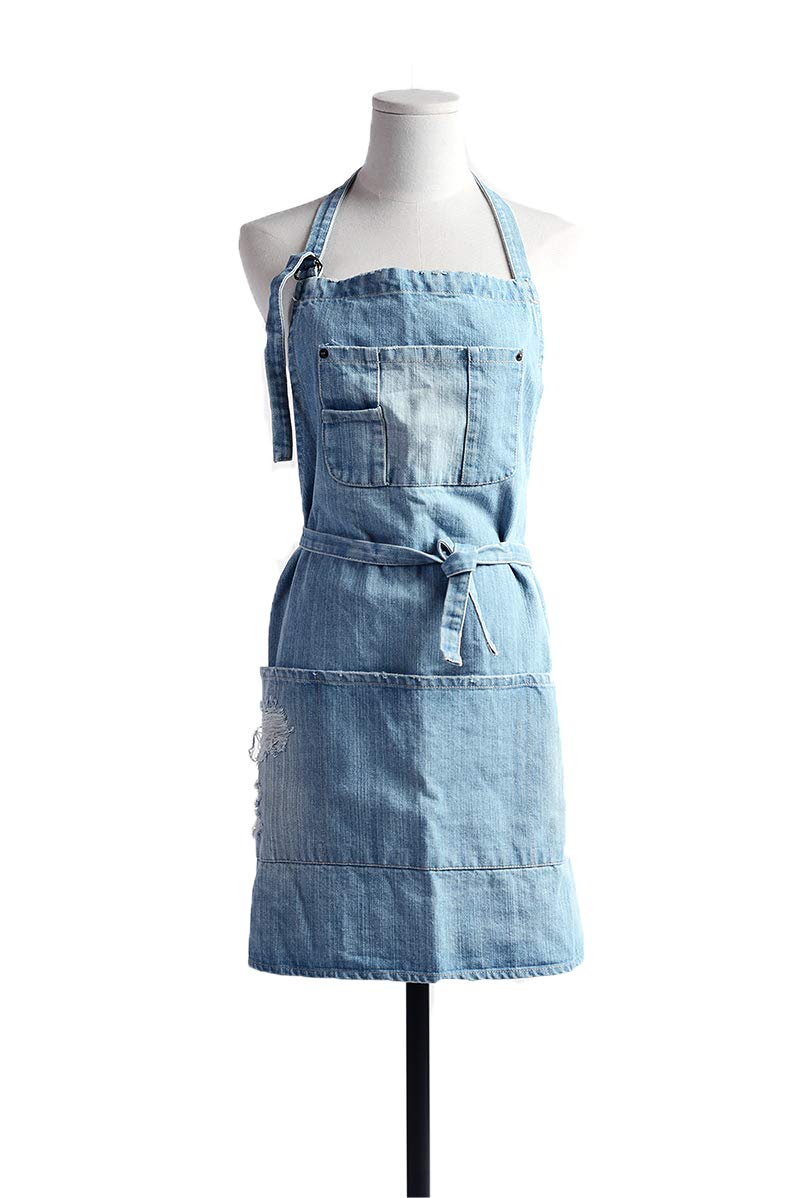 Tobyan Cotton Denim Apron Soft - Unisex Adjustable Bib Apron with 5-Pockets Perfect for Kitchens, Light Blue, XXL - Image 1