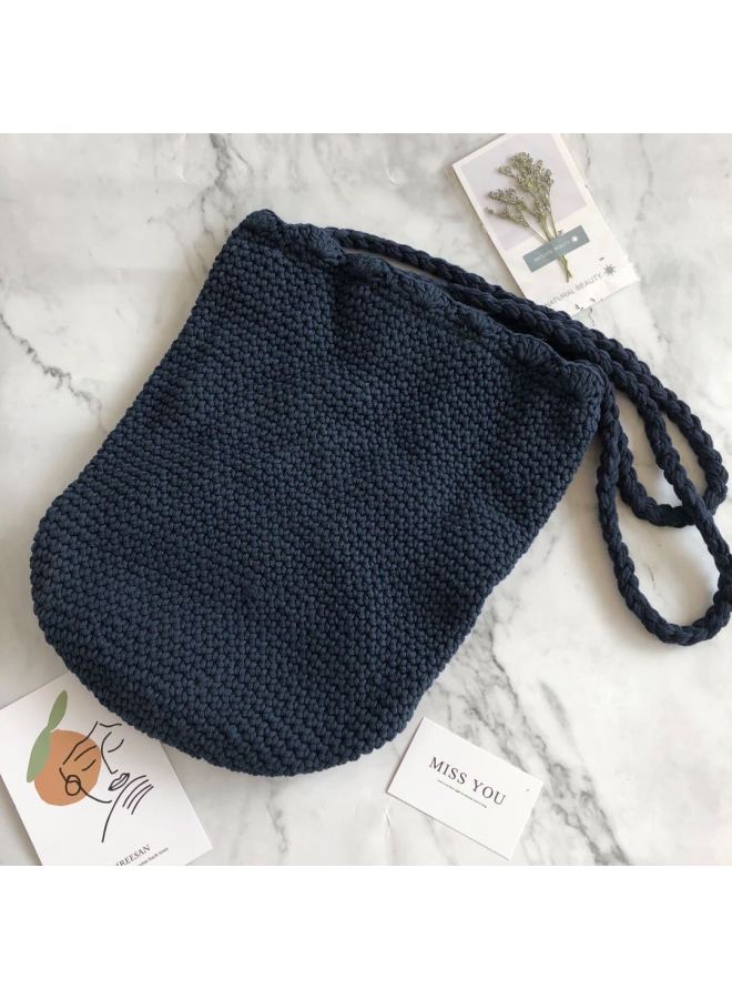 Popular Mori Style Simple All-match Bucket Woven Bag Beach Bag Cotton Thread Women's Bag Straw Woven Bag-Color:Black - Image 5