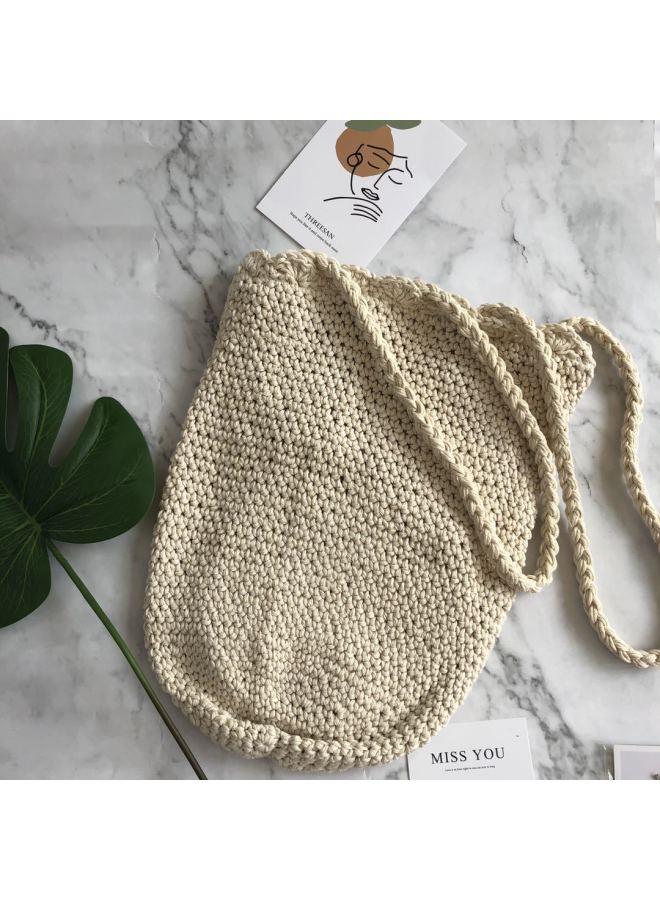 Popular Mori Style Simple All-match Bucket Woven Bag Beach Bag Cotton Thread Women's Bag Straw Woven Bag-Color:Black - Image 4