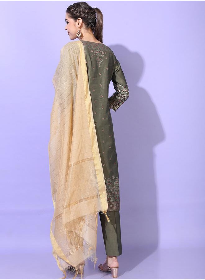 Vishudh Women Olive Printed Viscose Kurta Set by Styli  - Image 3