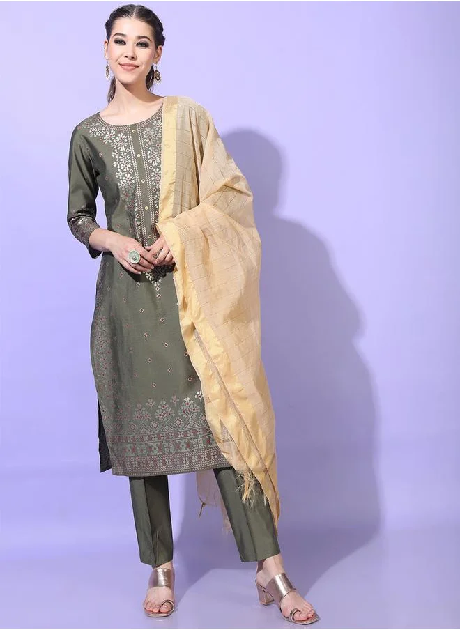 Vishudh Women Olive Printed Viscose Kurta Set by Styli