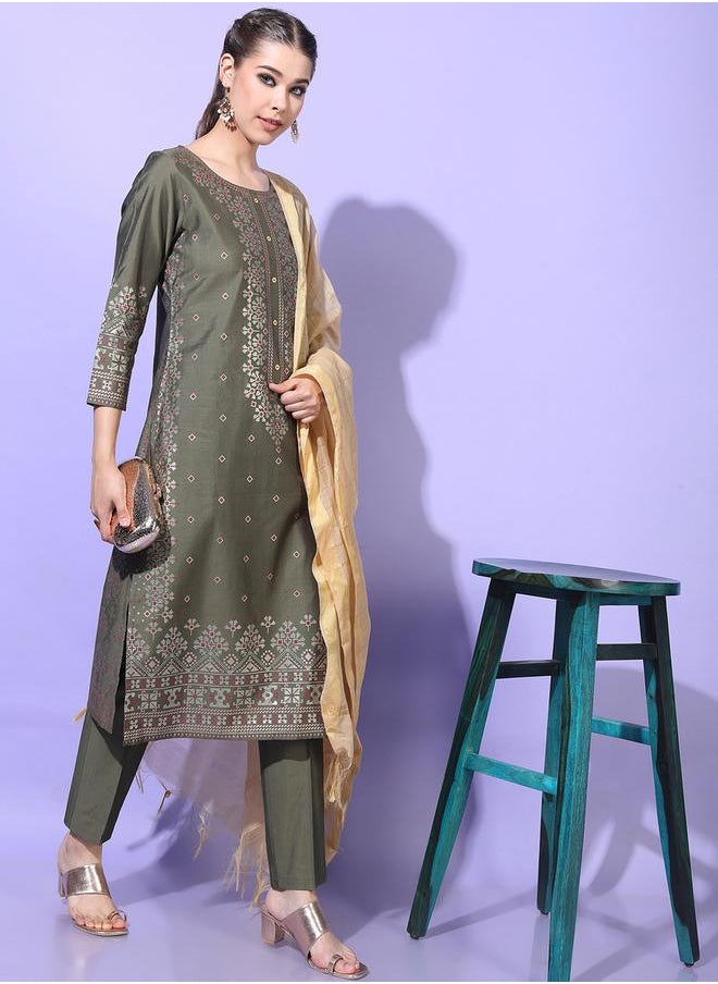 Vishudh Women Olive Printed Viscose Kurta Set by Styli  - Image 5