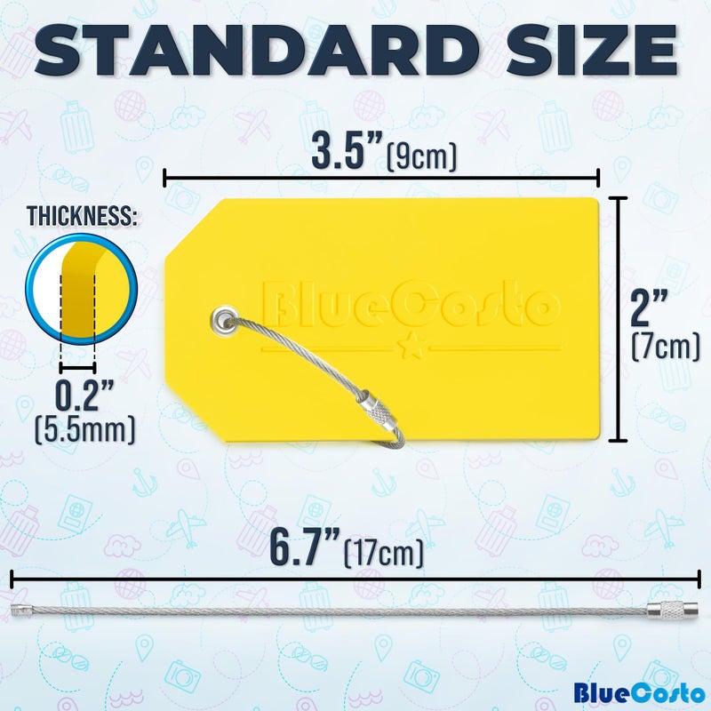 BlueCosto - Luggage Tags - Large, Yellow, 5 PK - PVC Suitcase Tags w/Privacy Cover & Stainless Steel Wire Loops - Personalized Baggage Identifiers for Travel - Backpack Name Labels - Image 2