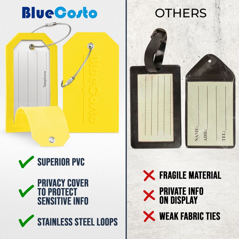 BlueCosto - Luggage Tags - Large, Yellow, 5 PK - PVC Suitcase Tags w/Privacy Cover & Stainless Steel Wire Loops - Personalized Baggage Identifiers for Travel - Backpack Name Labels - Image 4