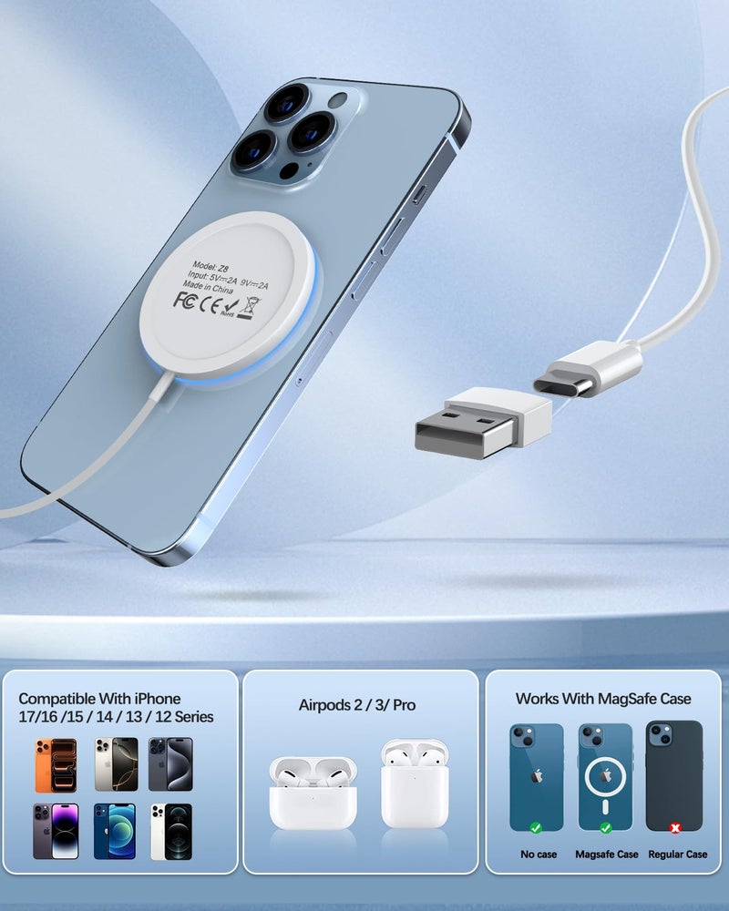 Wtuhu Magnetic Wireless Charger 15w Apple Mag-Safe Charger for iPhone 17 Pro Max/17 Pro/17Air/17/16/15/14/13/12 Series AirPods Series LED Magnet Charging Pad Mag Safe Charger with Dual Charging Ports - Image 3
