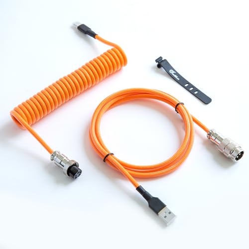 GUNMJO Pro Custom Premium Coiled USB C Cable for Gaming Keyboard, Double-Sleeved Mechanical Keyboard Cable with Detachable Metal Aviator, 1.5M USB-C to USB-A, Brilliant Orange Color - Image 1