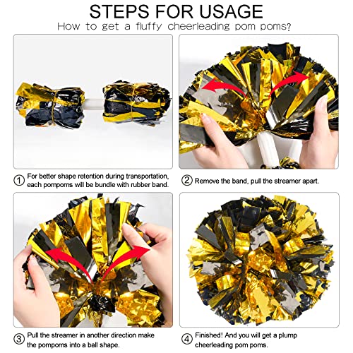 HOLENGS 4Pcs Upgraded 12inch Metallic Cheerleading Pom Poms, HOLENGS Cheerleader Pompoms Cheer Poms for Kids Adults, Cheering Squad Pompoms for School Sports Games Dance Party (Black and Gold) - Image 3