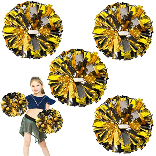 HOLENGS 4Pcs Upgraded 12inch Metallic Cheerleading Pom Poms, HOLENGS Cheerleader Pompoms Cheer Poms for Kids Adults, Cheering Squad Pompoms for School Sports Games Dance Party (Black and Gold) - Image 1