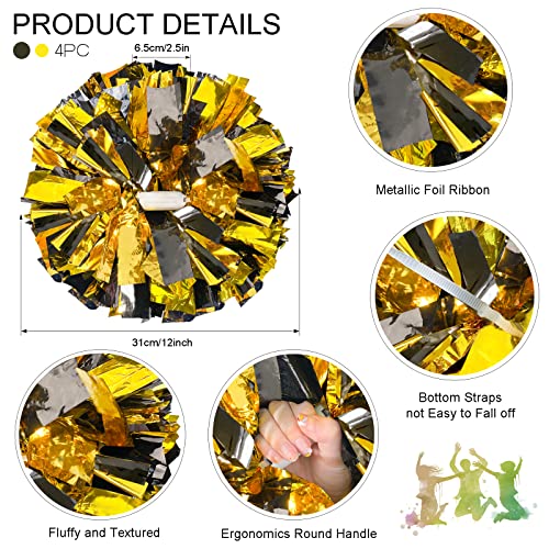 HOLENGS 4Pcs Upgraded 12inch Metallic Cheerleading Pom Poms, HOLENGS Cheerleader Pompoms Cheer Poms for Kids Adults, Cheering Squad Pompoms for School Sports Games Dance Party (Black and Gold) - Image 2