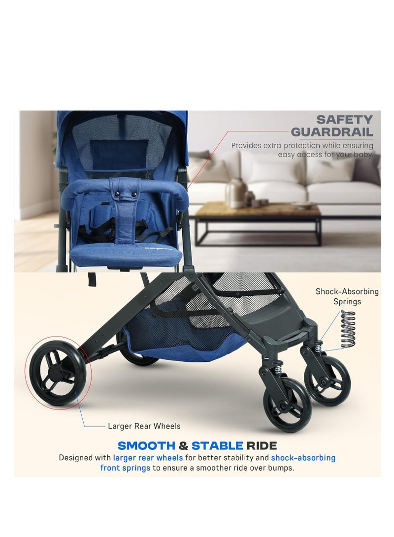 BAYBEE Foldable Cabin Baby Stroller Pram for Baby with 3-Position Adjustable Seat, Metal Frame & Canopy, Bassinet, Parent Handle, 5 Point Safety Belt, Stroller for Kids Toddler 0 to 3 Years Boy Girl Blue - Image 5