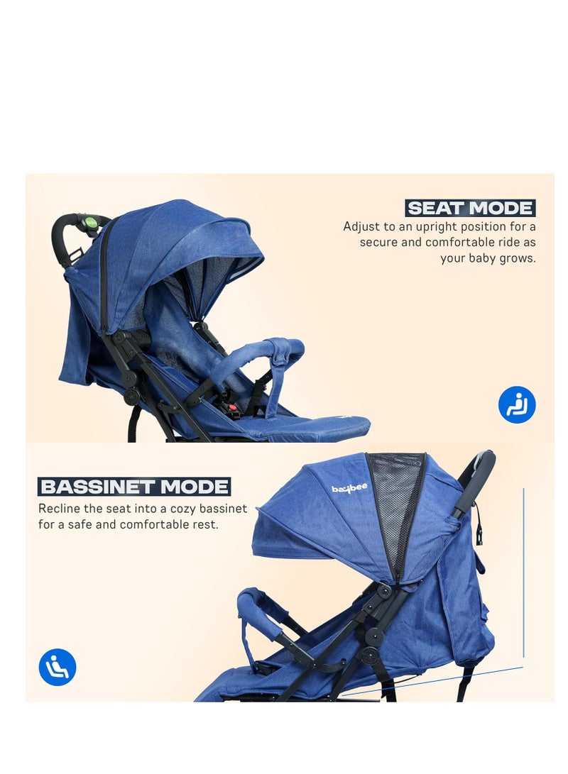BAYBEE Foldable Cabin Baby Stroller Pram for Baby with 3-Position Adjustable Seat, Metal Frame & Canopy, Bassinet, Parent Handle, 5 Point Safety Belt, Stroller for Kids Toddler 0 to 3 Years Boy Girl Blue - Image 3