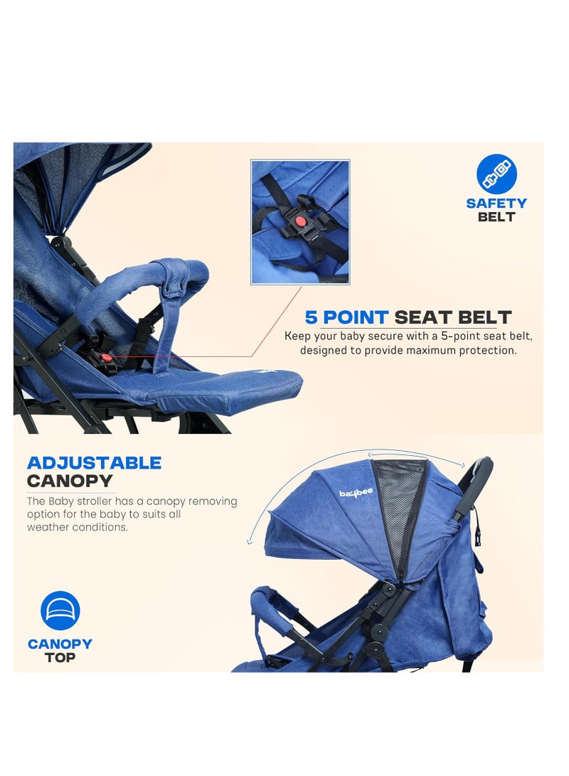 BAYBEE Foldable Cabin Baby Stroller Pram for Baby with 3-Position Adjustable Seat, Metal Frame & Canopy, Bassinet, Parent Handle, 5 Point Safety Belt, Stroller for Kids Toddler 0 to 3 Years Boy Girl Blue - Image 4