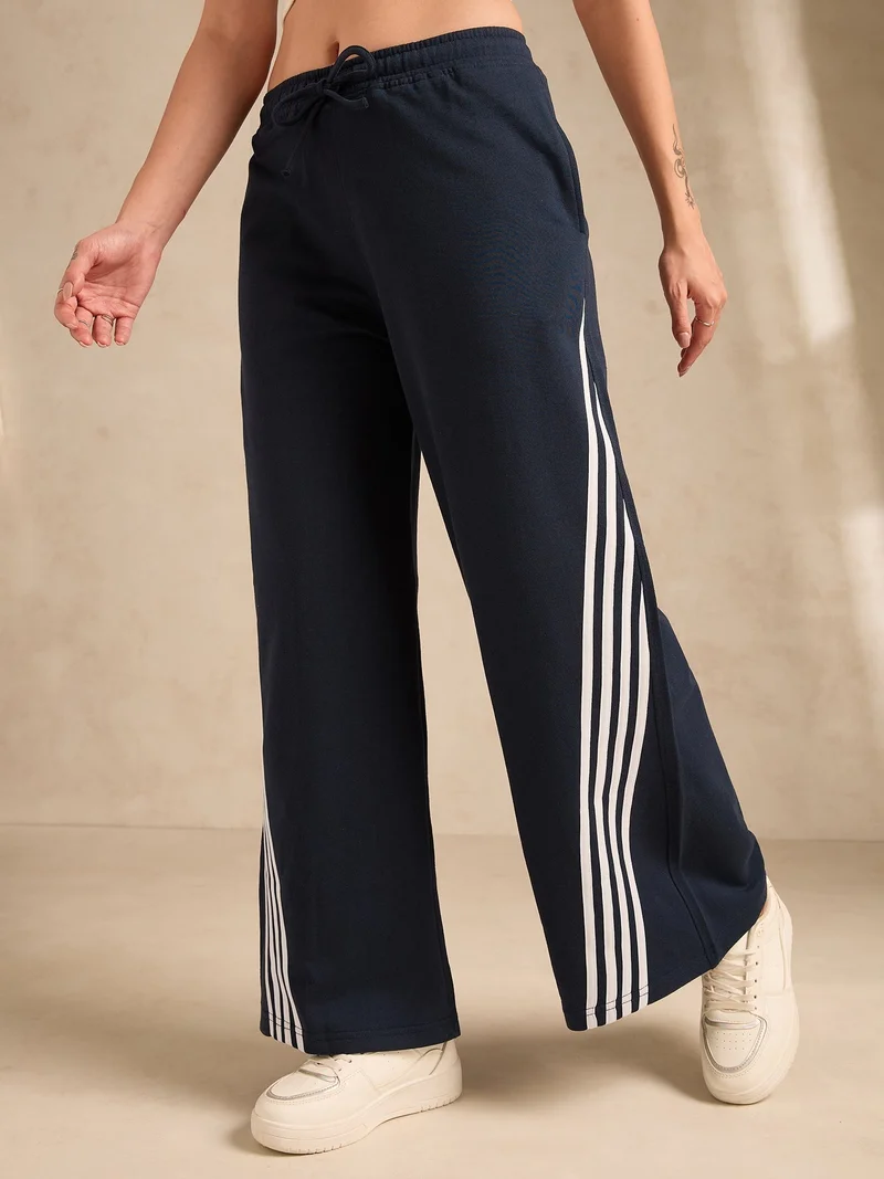 Outzidr  Navy Blue Contrast Striped Wide Leg Sweatpants for Women | Best Price UAE