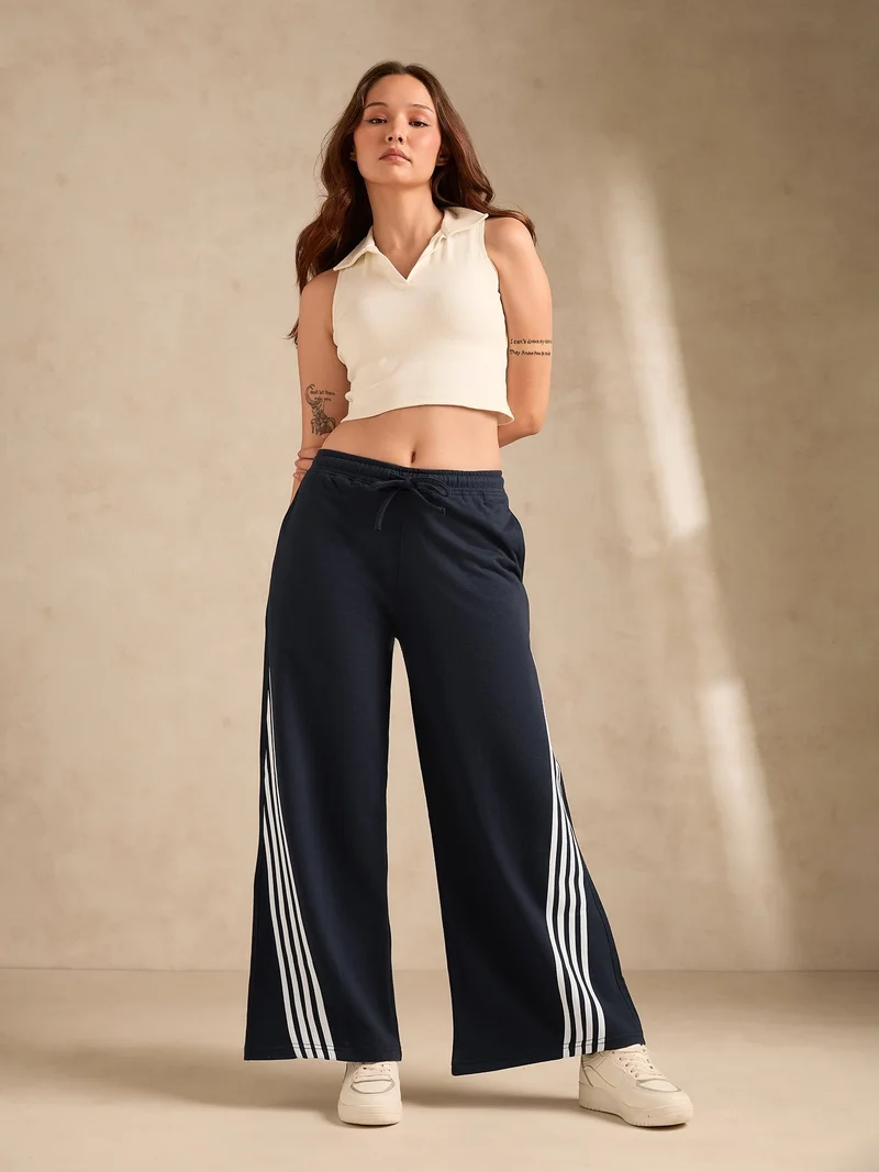 Outzidr  Navy Blue Contrast Striped Wide Leg Sweatpants for Women | Best Price UAE