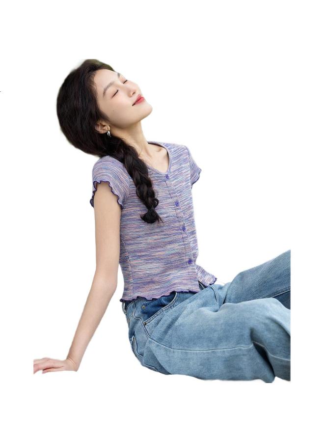 dme "High Intelligence Sensory Intellectual" Spring And Autumn New Round Neck Short Sleeve Knitted Top Women'S Button Mushroom Edge Women'S T-Shirt - Image 2
