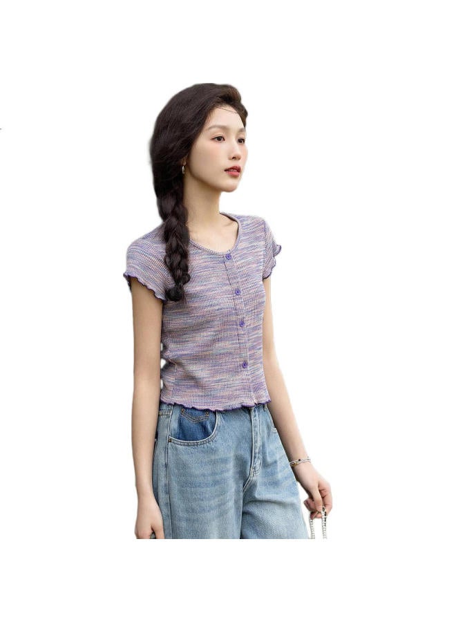 dme "High Intelligence Sensory Intellectual" Spring And Autumn New Round Neck Short Sleeve Knitted Top Women'S Button Mushroom Edge Women'S T-Shirt - Image 3