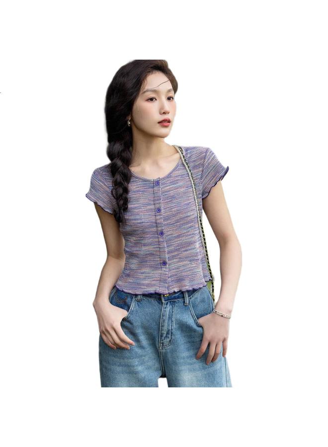 dme "High Intelligence Sensory Intellectual" Spring And Autumn New Round Neck Short Sleeve Knitted Top Women'S Button Mushroom Edge Women'S T-Shirt - Image 1