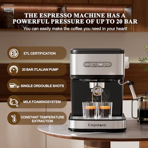 Empstorm 20 Bar Espresso Machine, Cappuccino Machines with Milk Frother Steam Wand, Latte Machine for Home&Barista, Automatic Shut-off Function - Image 2