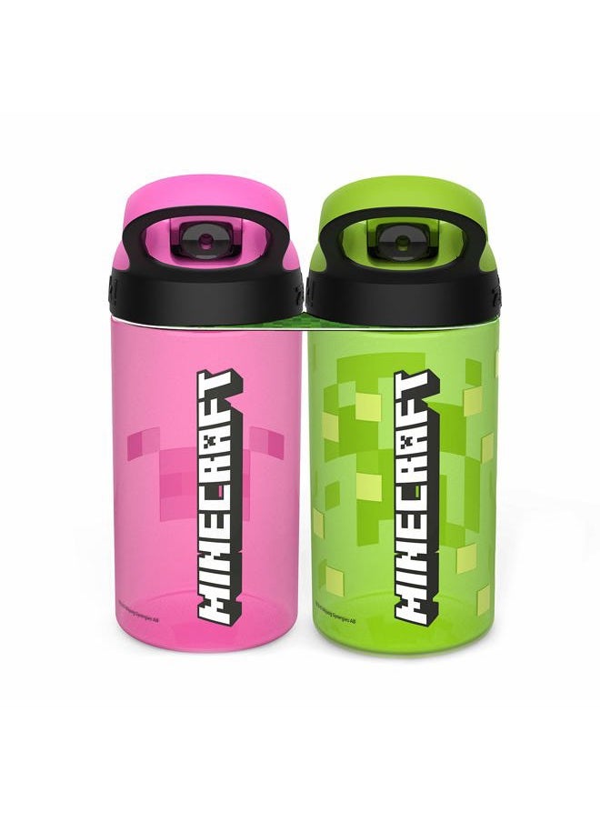 Zak Designs - Minecraft Kids Water Bottle with Straw and Built in Carrying Loop Set, Made of Plastic, Leak-Proof Water Bottle Designs (Creeper/Pig, 16 oz, 2pc Set) - Image 1