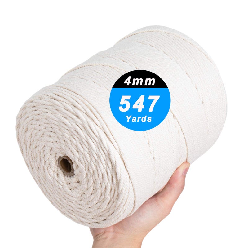 Ai-Fun AIFUN Macrame Cord 4mm x 547Yards Natural Cotton Macrame Rope 4 Strands Twisted Macrame Cotton Cord for Wall Hanging Plant Hangers Crafts Gift Wrapping and Wedding Decorations4mmX500m